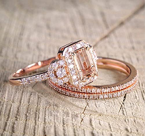 2PCS Gorgeous 18K Rose Gold Plated Morganite Ring Engagement Bridal Women Jewelry Set Morganite White Topaz Ring Set Women Bridal Wedding (7)2
