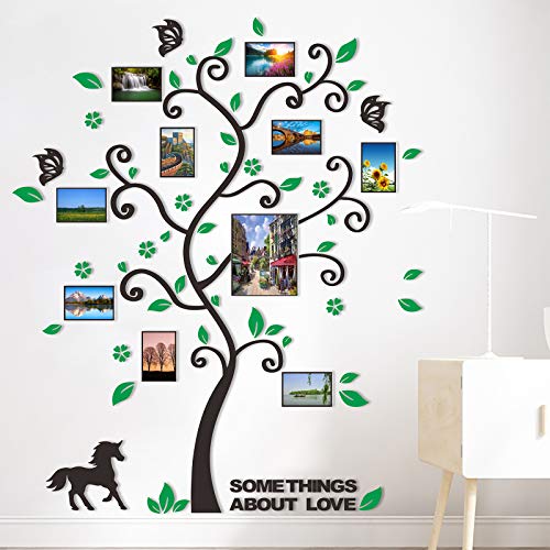 3D Acrylic Photo Frame Tree Wall Decals for Living Room Horse Family Art Memory Decal Home Decor Branches Birds Cute Cartoon Stickers Window Glass Tile Sticker Green Leaves 52x63 inch Left