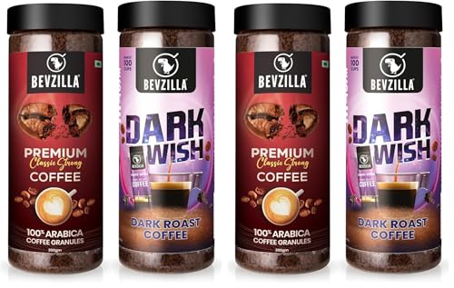 Image of Bevzilla 200 Gram Classic & 200 Gram Dark roasted Darkwish Instant Coffee powder | Best for Espresso, Latte & Cappucino | Hot & Cold Brews (Pack of 2)