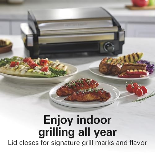 Hamilton Beach Electric Indoor Searing Grill with Adjustable Temperature Control to 450F, 118 sq. in. Surface Serves 6, PFAS-Free Removable Nonstick Grate, Stainless Steel (25360)