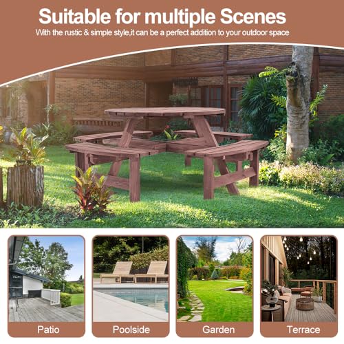 Panana 8 Seater Round Wooden Picnic Table Set with Benches - Image 7