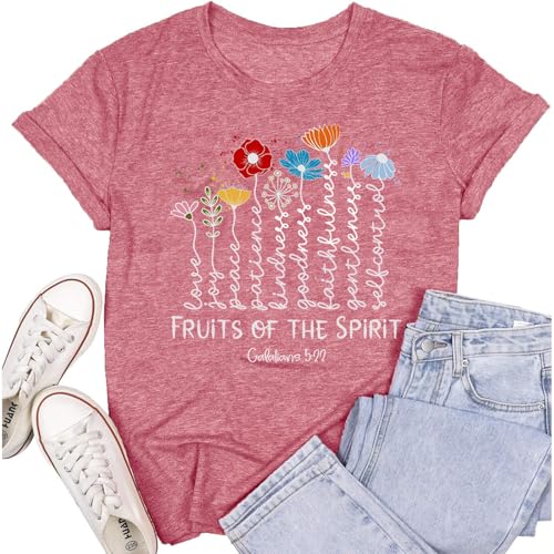 Cutesong Womens Christian Shirt Fruits of The Spirit T-Shirt Inspirational Faith-Based Tee for Church Pink