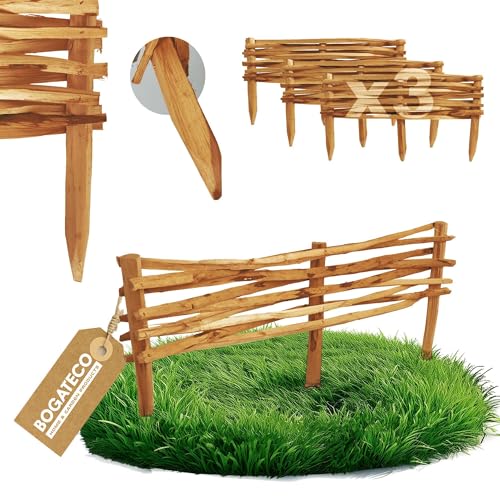 BOGATECO 3 vallas de jardín de madera de avellano, 90 cm x 20 cm, borde de césped, valla de madera, valla de estacas, valla de estacas, cercas para arriates, valla de inserción, perfecta como borde de