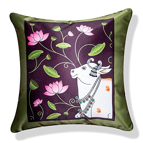 Image of Decorative Satin Sofa Cushion Covers Set of 5, 20 Inch x 20 inch, Sofa Pillow Cover, Ethnic Festive Cow Pichwai, Multicolor, Rajasthani Design, Zipper Closure (Cattle, 20X20 Inches)