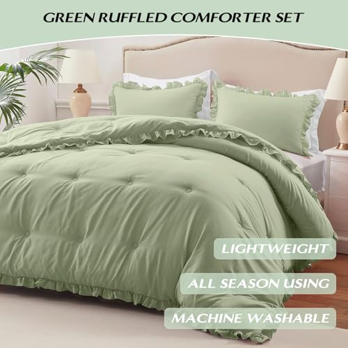 Image of HARBOREST Comforter Set Green - Fluffy Queen Ruffle Comforter Set for All Seasons, 3 Pieces Shabby Chic Bedding, Comforter and 2 Pillow Shams