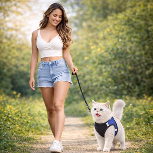 Image of Berlin's Cat Harness with Leash for Outdoor, Walking, Escape Proof, Air Mesh Fabric, Easy Control, Adjustable & Durable Cat Leash with Harness for Cats (Black-Blue, Small)