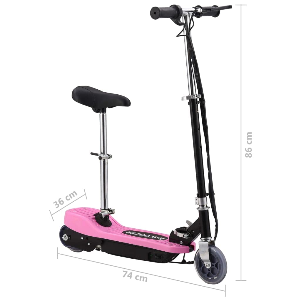 Trottinette électrique avec siège, 120 W, rose, pliable et portable, 12 km/h, guidon et selle réglables, frein arrière, pour enfants et adolescents, loisirs et chemins privés, charge de 50 kg