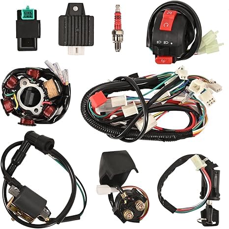 Complete Electrics Wiring Harness 6 Pole Stator Coil CDI Wire Harness Solenoid Relay Spark Plug for 4 Stroke ATV 50cc 70cc 90cc 110cc 125cc Pit Quad Dirt Bike Buggy Go Kart