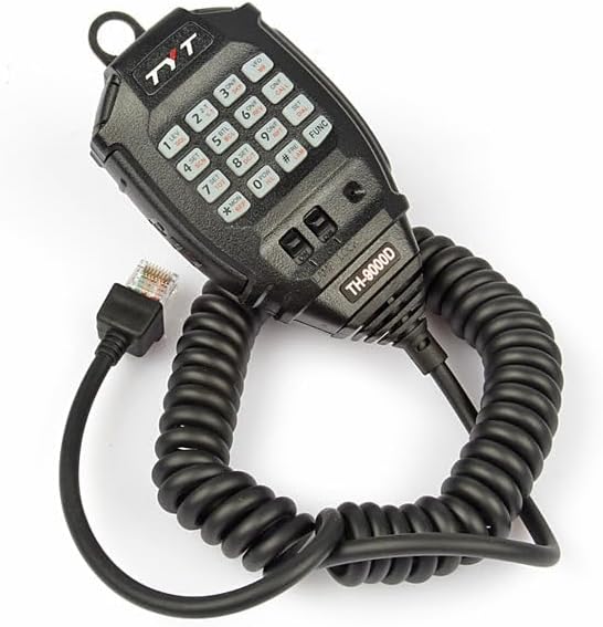 Close-up of the TYT TH-9000D handheld microphone with its coiled cord and RJ45 connector.