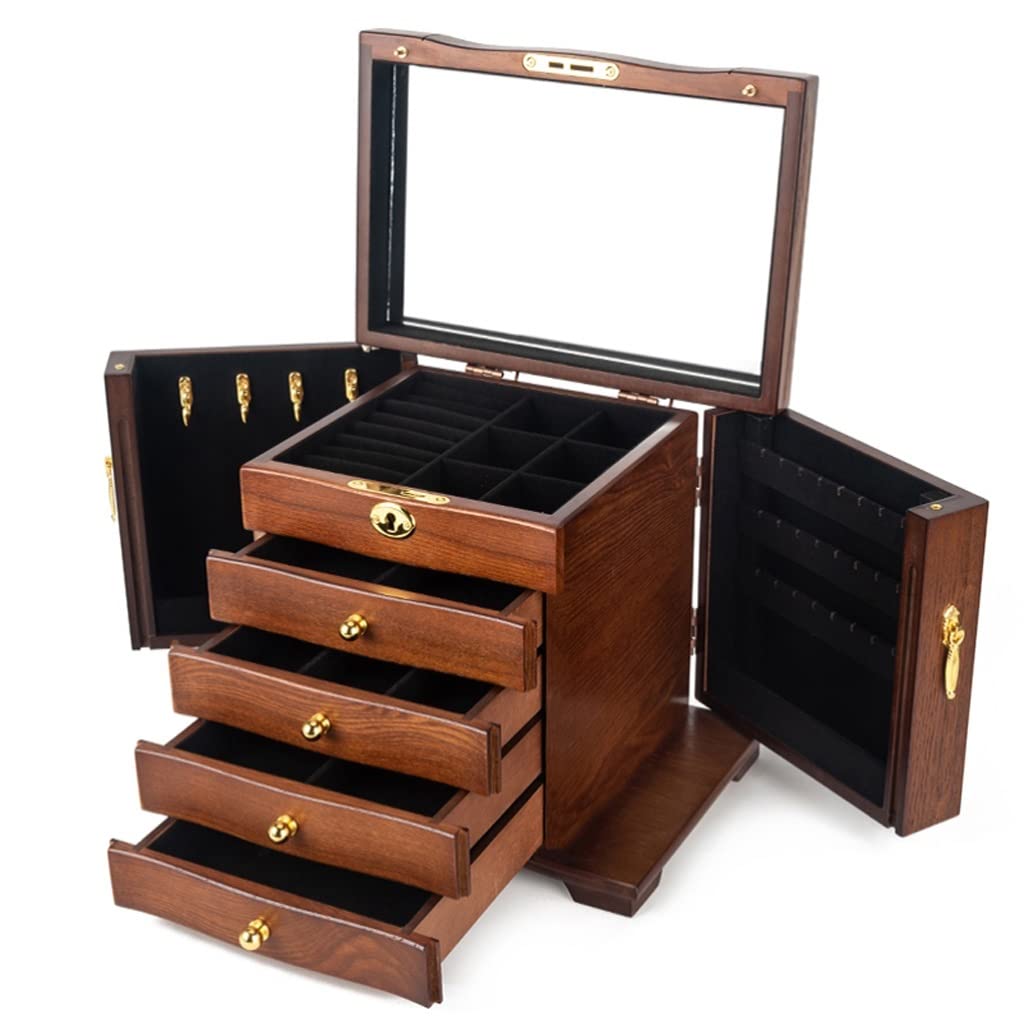 TIANQIHAO Jewelry Box Jewelry Box, 4 Drawers Hardwood Large Wooden Jewelry Organizer With Mirror And Lock, Jewelry Case Storage For Women Gift Jewellry Holder,E