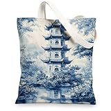 Elegantes bolsas de lona con patrón de paisaje asiático, bolsas de compras reutilizables, bolsas de lona ligeras y lavables para Trav, Azul, 13x15 Inch