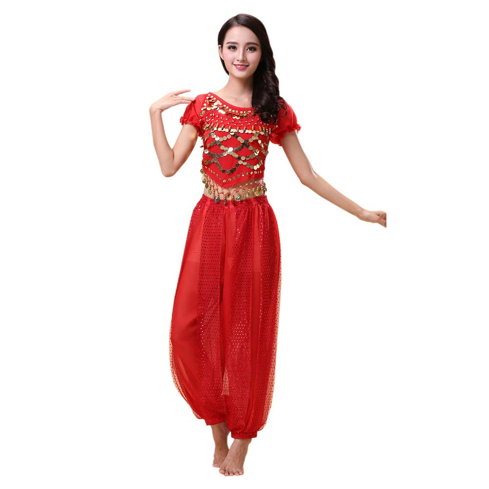 Kewing Women's Red Belly Dance Costume Set - Dancing Top + Lantern Pants Professional Carnival Dancer Outfit Suit