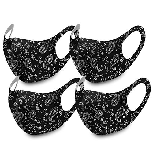 Unisex Paisley Bandana Face Protective Covering Gear Super Thin Light Washable Reusable Breathable (SET OF 4 BLACK)