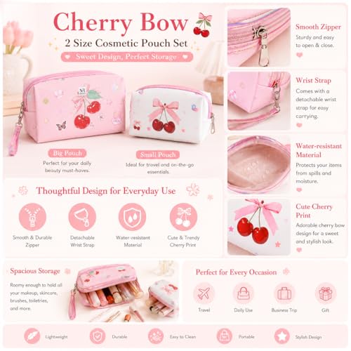 Image of NFI essentials Pack of 2 Cherry Print Makeup Pouch for Women & Girls, Multipurpose Cosmetic Organizer Bag with Wrist Strap & Zipper Closure, Portable Toiletry Travel Pouch for Makeup, Skincare