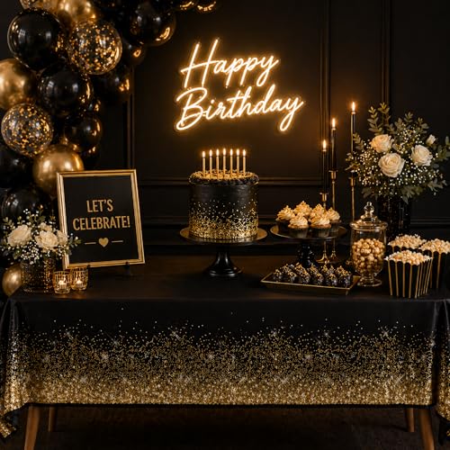 Image of Blue Orchards Black Gold Tablecover (Pack of 3) 108 inch x 54 inch - Elegant Party Decoration, Backdrop, Accent, Black and Gold Glitter Tablecloth for Parties, Birthday, Graduation, Wedding & Events