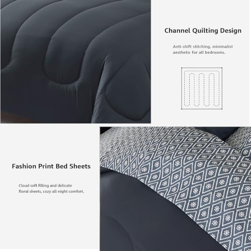 Image of Monbix Full Size Comforter Set - 7 Pieces Bed in a Bag Full, Blue Grey Track Stitching Bedding Sets, All Seasons Comforter Bed Set with Sheets, Pillowcases & Shams