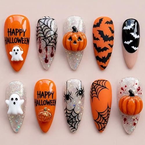 Halloween Press on Nails Medium Almond Fake Nails with 3D Pumpkin...