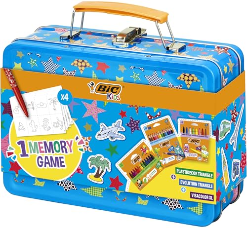 BIC Kids Memory Game Travel Case, pasta de viagem para crianças educacional. Conjunto de lápis, cera e marcadores de cores. Inclui conjunto de memória de 32 peças