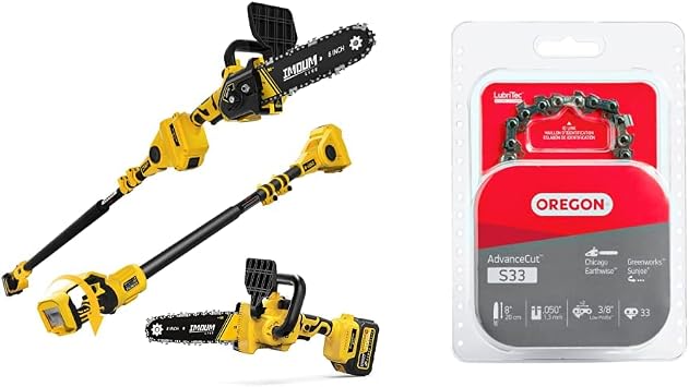 IMOUMLIVE 2-IN-1 Cordless Pole Saw & Chainsaw, 8" Cutting Brushless Electric Rotatable Pole Saw & Oregon S33 8-Inch Pole Saw/Chainsaw Chain Fits Chicago, Earthwise, Greenworks, Sun Joe,Grey