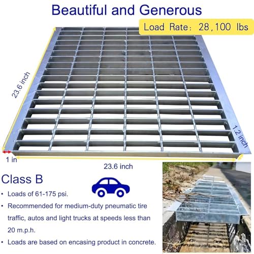 Image of Galvanized Steel Drain Grate with Lip 24x24 in, B-Class 28100 lbs Heavy-Duty Driveway Channel Cover w /Base, Outdoor Trench Drainage Grate, Silver Square Metal Sewer Cover for Garage