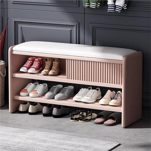 Moderno banco de almacenamiento de zapatos de madera con cojín de cuero tapizado para pasillo nization muebles de entrada rosa y blanco 60 x 30 x 45 cm