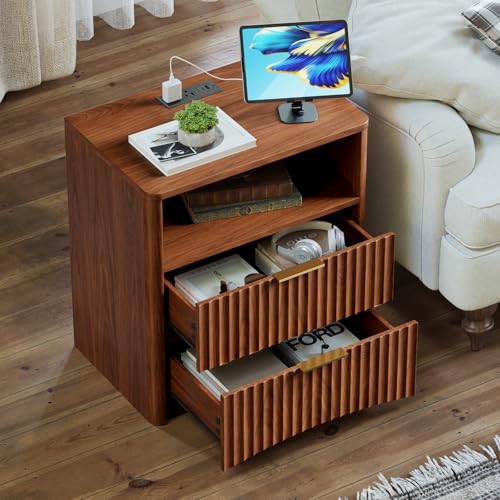 Image of Evermagin Fluted Nightstand Set of 2 with Charging Station, Walnut Bedside Table with 2 Drawers, Wood End Table with Storage Mid Century Modern, Large Night Stand for Bedroom