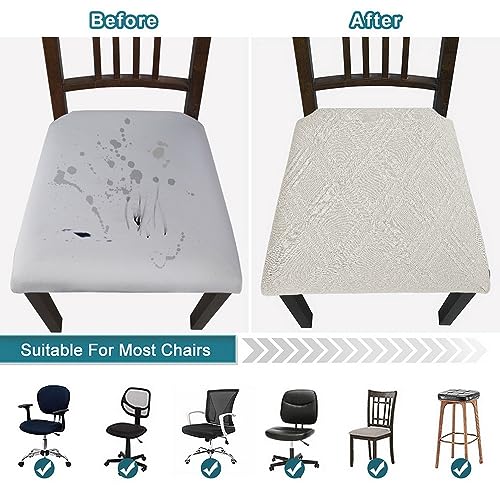 Image of SearchI Waterproof Seat Covers for Dining Room Chairs Stretch Jacquard Chair Seat Covers Set of 6, Removable Washable Kitchen Chair Seat Protector Cushion Slipcovers for Office (Beige Rhombus)
