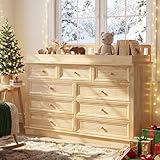 Homsee Baby Changing Table Dresser, 100% Solid Wood Infant Diaper Changing Station Combo, 9-Drawer Baby Nursery Dresser with Removable Tray for Children's Room Bedroom, Nature Color 55.1'W