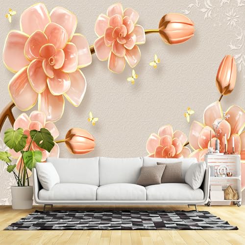 Custom Size Wall Murals, Light Gray Beige Pink Flowers Yellow, Self-Adhesive Wall Fabric (NO PVC) Removable Large Wallpaper for Living Room, Bedroom, Office