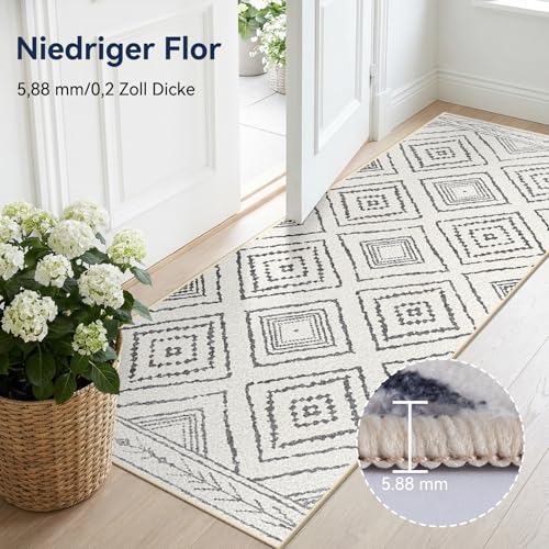 DEFYNEE Teppich Läufer Flur 60 x 300 cm, rutschfest Küchenläufer, Kurzflor Teppichläufer, Waschbar, Faltbar, Boho Design – für Flur, Küche, Wohnzimmer & Büro, Schwarz-Weiß