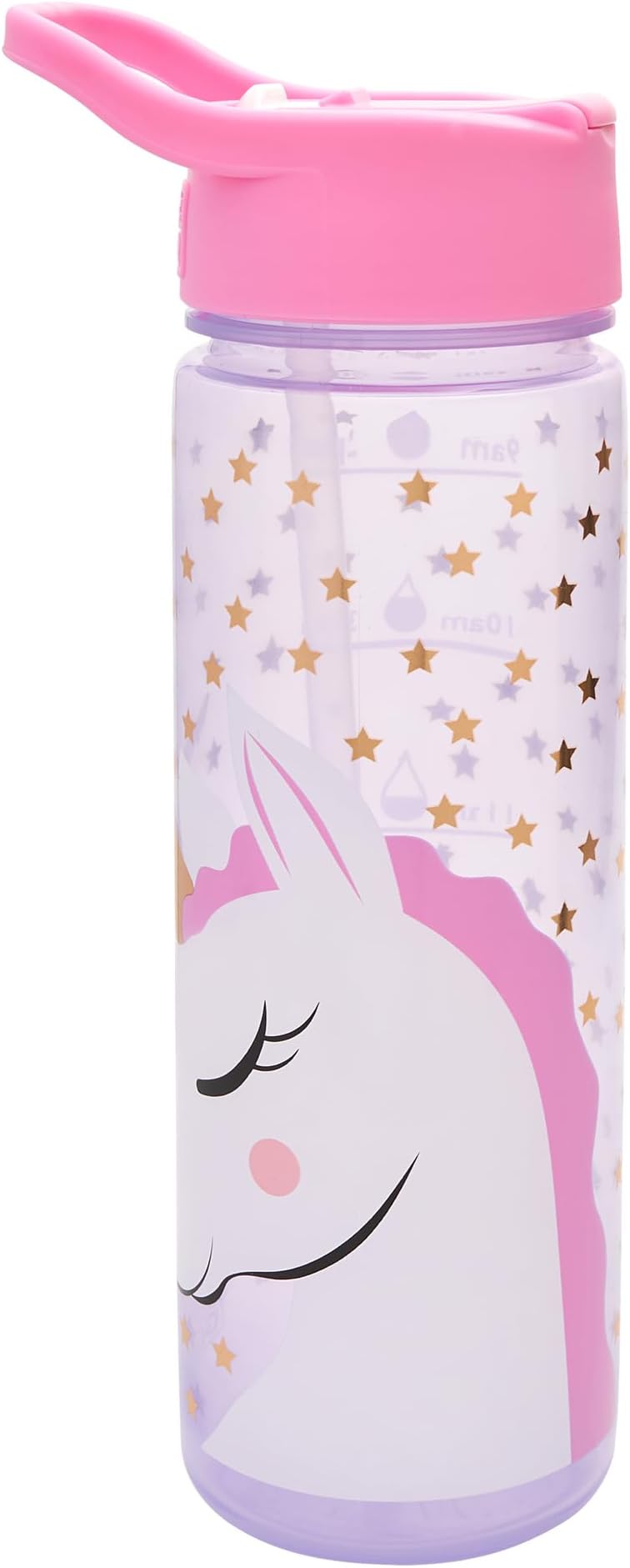 Unicorn Star Water Tracker Bottle with Straw – Reusable Kids 600ml PP in Pink – Official Merchandise BPA Free & Recyclable Plastic – For School Nursery Sports Picnic