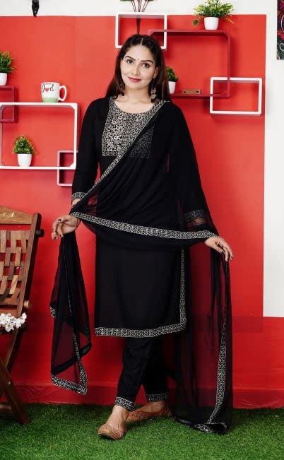 Indian Women's Tunic Tops Straight Rayon Black Kurtis Pant Sets W Chiffon Dupatta/A-Line Kurti Tunics3