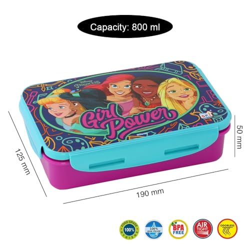 Image of SKi Homeware Lock & Seal Disney Lunch Box + Water Bottle Combo, for School Kids, a Gift for Girls and Boys with Attractive Character Prints and Vibrant Colours (Princess 1)