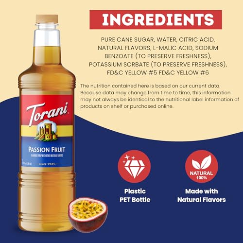Image of Torani Passion Fruit Syrup 1L with Pump Tropical Flavoring for Teas & Drinks
