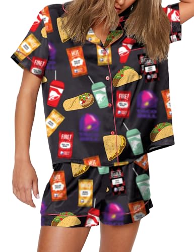 Womens Pajamas Shorts Set Satin Pj Set Women's Pajama Shorts Pjs for Print Black M - image 1