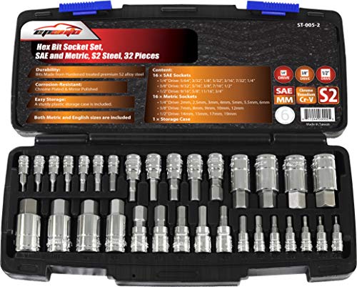 EPAuto 32 PCs Hex Bit Socket Set, SAE and Metric, S2 & Cr-V