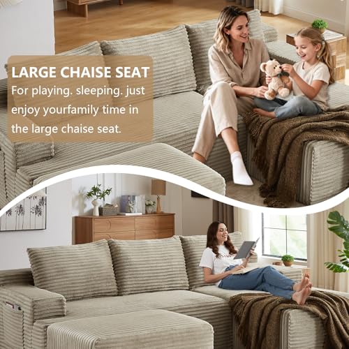 Image of 96 inch U-Shape Cloud Couch, Modern Modular Sectional L-Shape Sofa with Ottoman, Corduroy Upholstered Couches Deep Seat Sleeper Chaise Longue for Living Room, No Assembly Required(Camel, Right Facing)