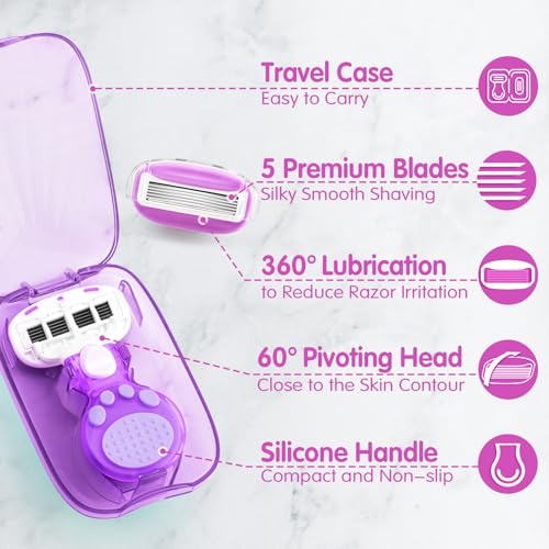 Image of DreamGenius Travel Razors for Women Include 1 Handle and 5 Cartridges, Extra Smooth 5-Blade Travel Essentials Razor with Case for Shaving, Purple