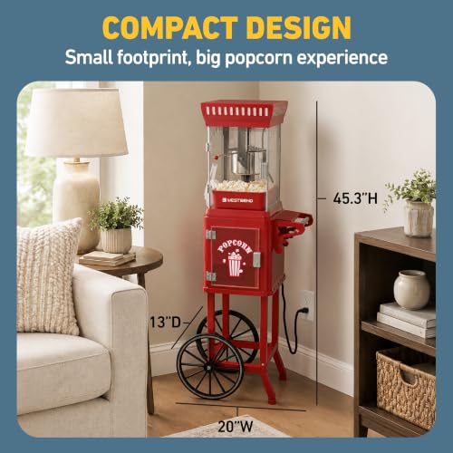 Image of West Bend Popcorn Cart Vintage Theater Style with 2.5 oz Stainless Steel Kettle, Removable Serving Tray, Built-In Storage, Portable Design, 10 Cup Capacity, in Red /Silver