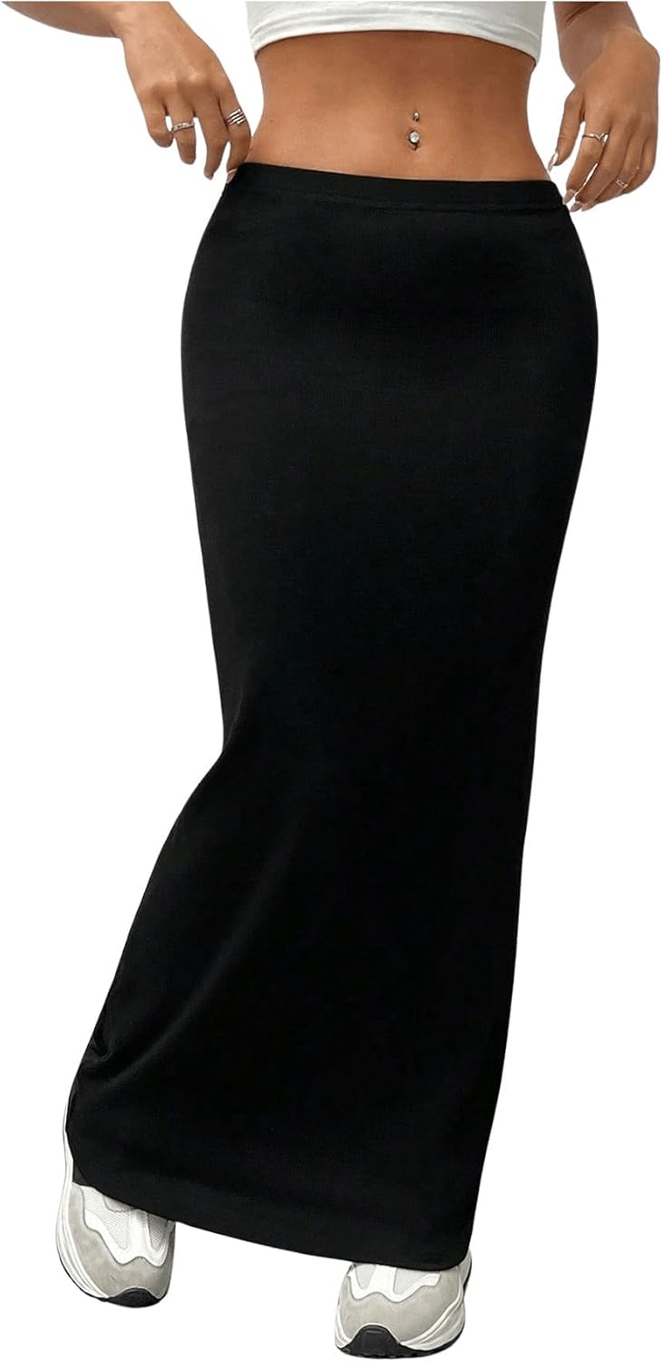 SHENHE Girl's Knit High Waisted Back Slit Maxi Skirt Casual Stretchy Pencil Skirt