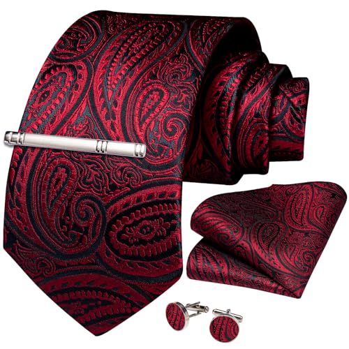 Image of DiBanGu Paisley Ties for Men Silk Necktie and Pocket Square Cufflinks Tie Clip Set Woven Classic Mens Tie for Wedding Party