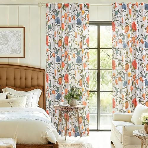 Image of JOOJA 72 Inch Boho Floral Curtains Tropical Bird Print Linen Semi Sheer Window Drapes for Kitchen, Bedroom, Bathroom, Living Room, Dining Room, White