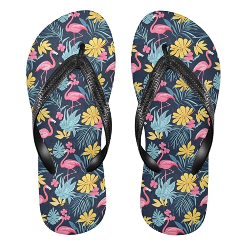 ALAZA Flamingo Yellow Leave Flip Flops for Women Fashion Beach Slippers Comfort Mens Flip Flops Non-Slip Rubber Shower Slippers Sandal for Hotel Travel Sport,XS