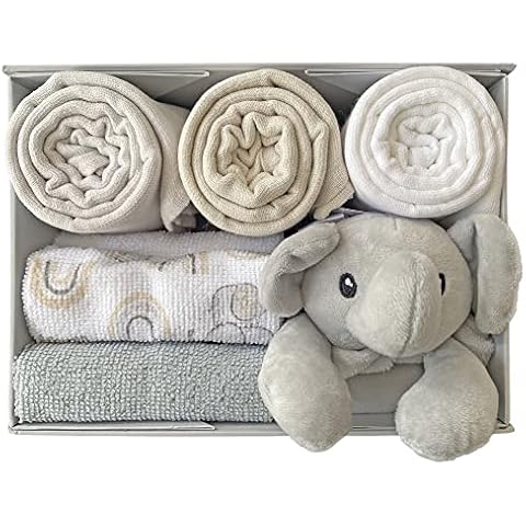 Newborn Baby Unisex Essentials Gift Set from Little Grey London. Includes 100% Cotton muslins, Washcloths & Plush Elephant Comforter in a Luxury Keepsake Gift Box. A Great Gift for Any Occassion Cover