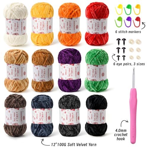Image of 12 Pack Chenille Chunky Yarn - Baby Yarn for Crocheting Soft - Red Orange Green Blue Purple Black White Velvet Yarns Crochet Blanket - Amigurumi Yarns Pack with Crochet Accessories D