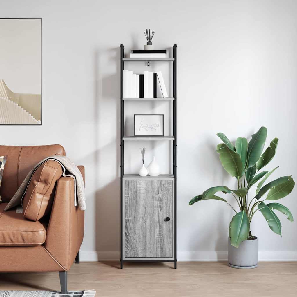 Librería Sonoma gris 40 x 24 x 161 cm, madera con 6 estantes y puerta, estantería estable para libros, decoración, oficina en casa