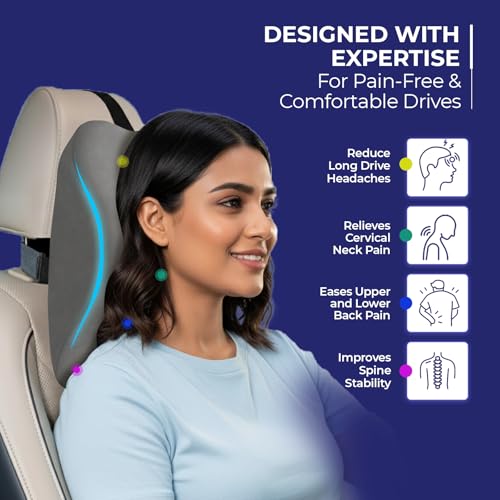 Image of WELLGIVER Orthopedic Memory Foam Car Neck Rest Pillow - Cervical Support Cushion for Neck Pain Relief, Adjustable Strap - Universal Fit for All Cars | Grey Velvet