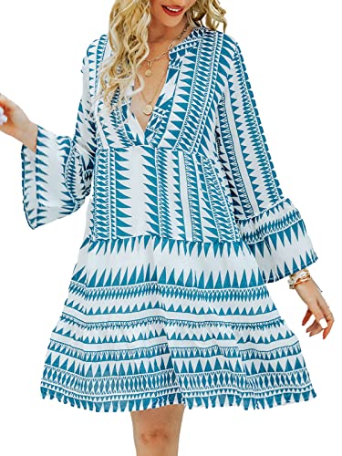 CUPSHE Women Henley Long Flare Sleeve Mini Dress Geometric Print