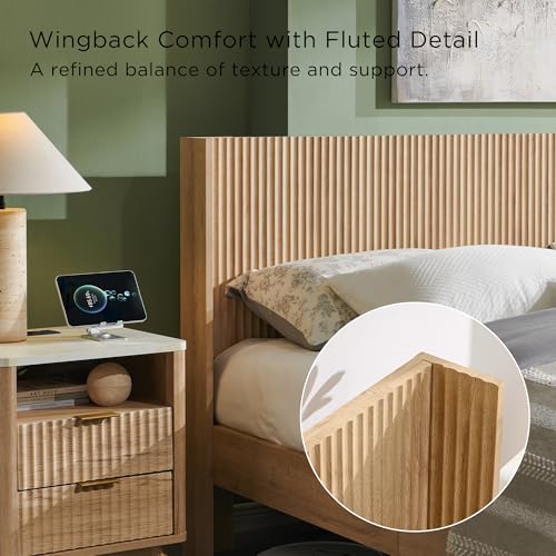 T4TREAM Fluted King Size Bed Frame with Wingback Headboard, Footboard Storage Bench with Built-in Drawers & Lift-Up Compartments, Wood & Steel Platform Bed, No Box Spring Needed, Natural Oak - Image 6