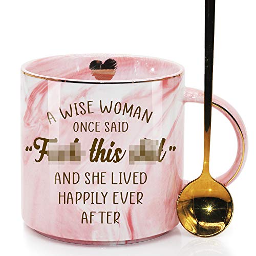 A Wise Woman Once Said She Lived Happily Ever After, Funny Coffee Mug Gift for Bff, Besties, Soul Sister, Mom, Grandma, Mothers Day, Pink Marble Ceramic Coffee Cup 12 Oz Whit A Gold Spoon